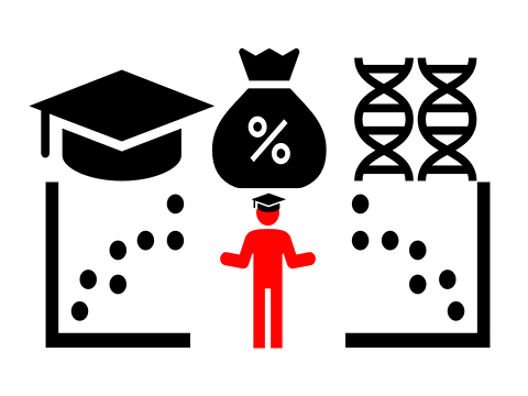 w A red figure with a graduation cap stands amidst graphs, DNA symbols, a mortarboard icon, and a bag with a percentage sign, representing data analysis in education, finance, and genetics.